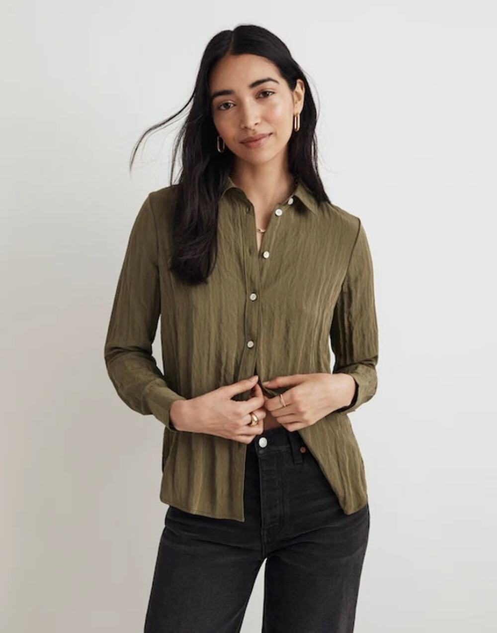 Madewell Paxton Crinkled Button-Up Shirt in Desert Olive Green Size XS